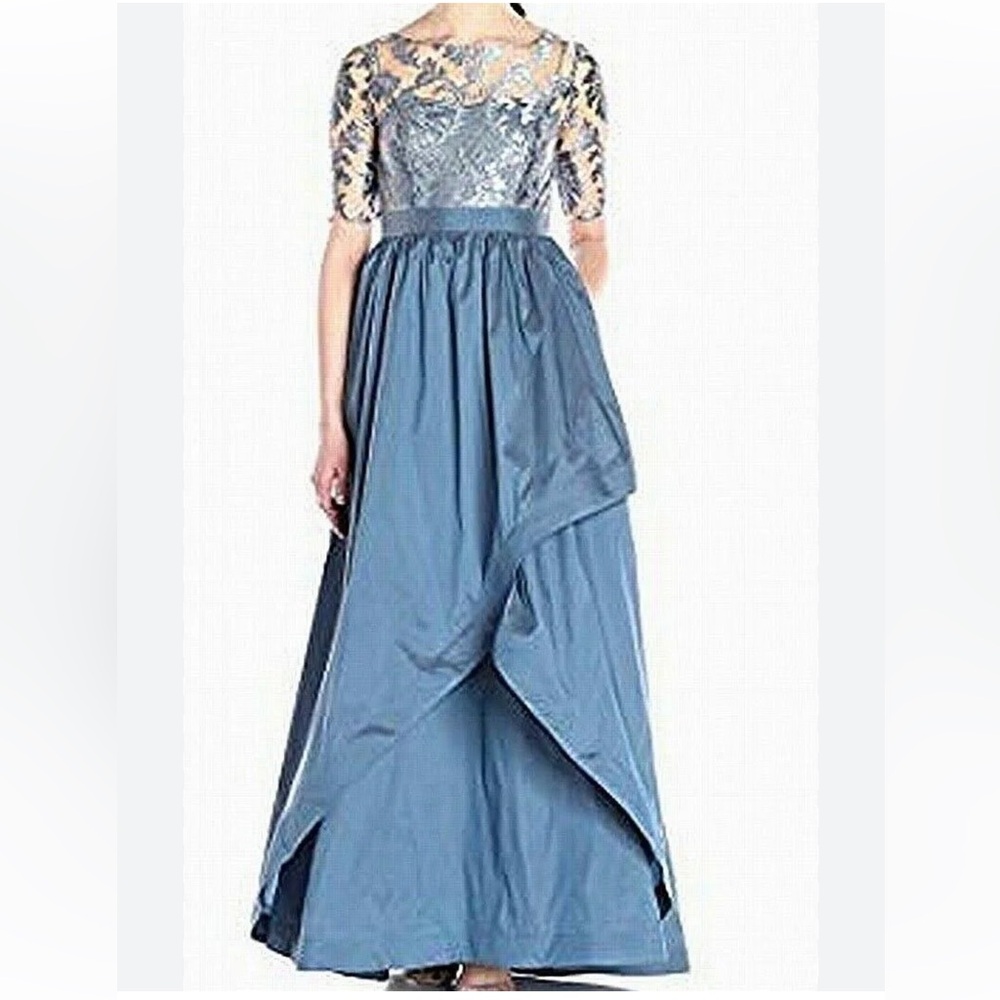 Adrianna Papell Lace Illusion Bateaux Neck Layered Taffeta Full Teal Gown, 4
